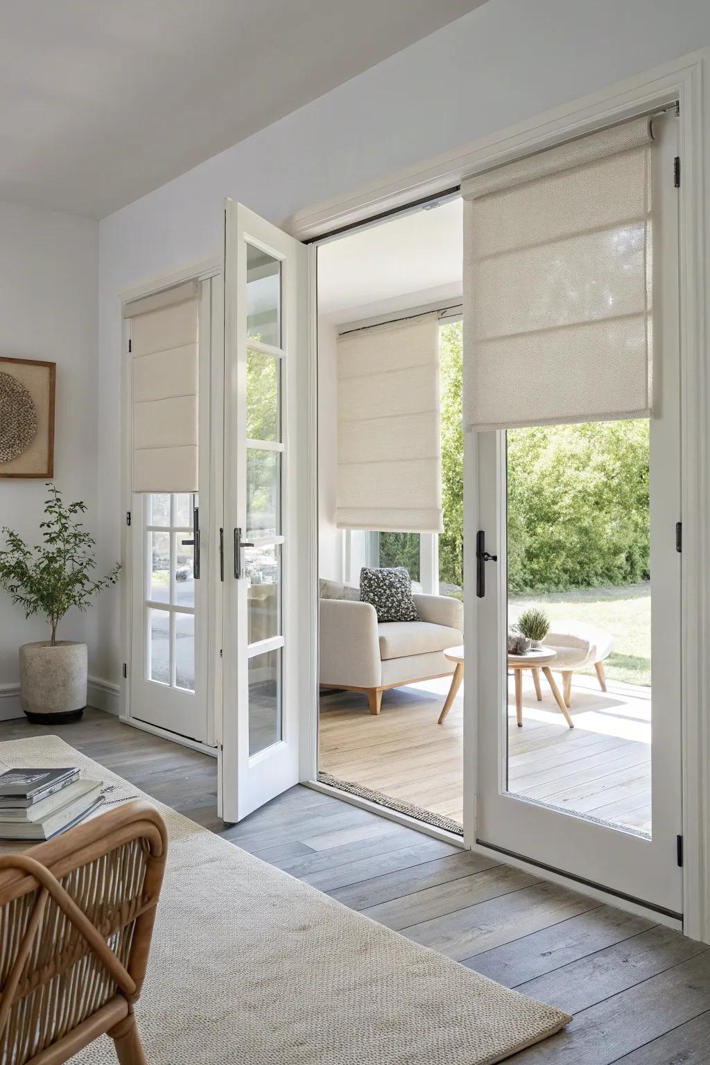 Minimalist roller shades providing a sleek look for French doors.