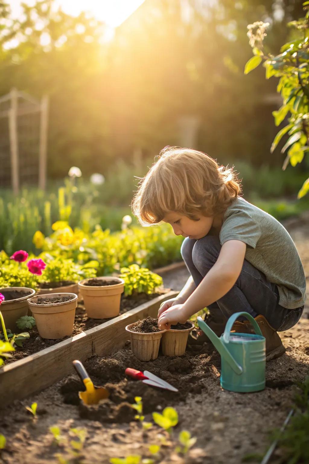 A young gardener planting seeds with care.