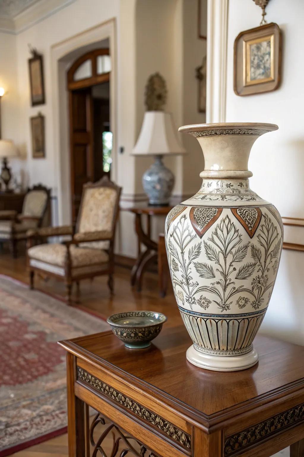 A vintage-inspired vase enhancing the elegance of a classic home.