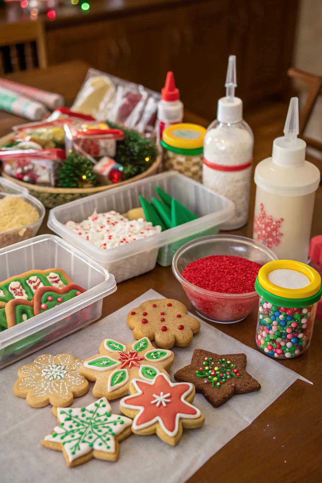 A colorful array of decorated holiday cookies.