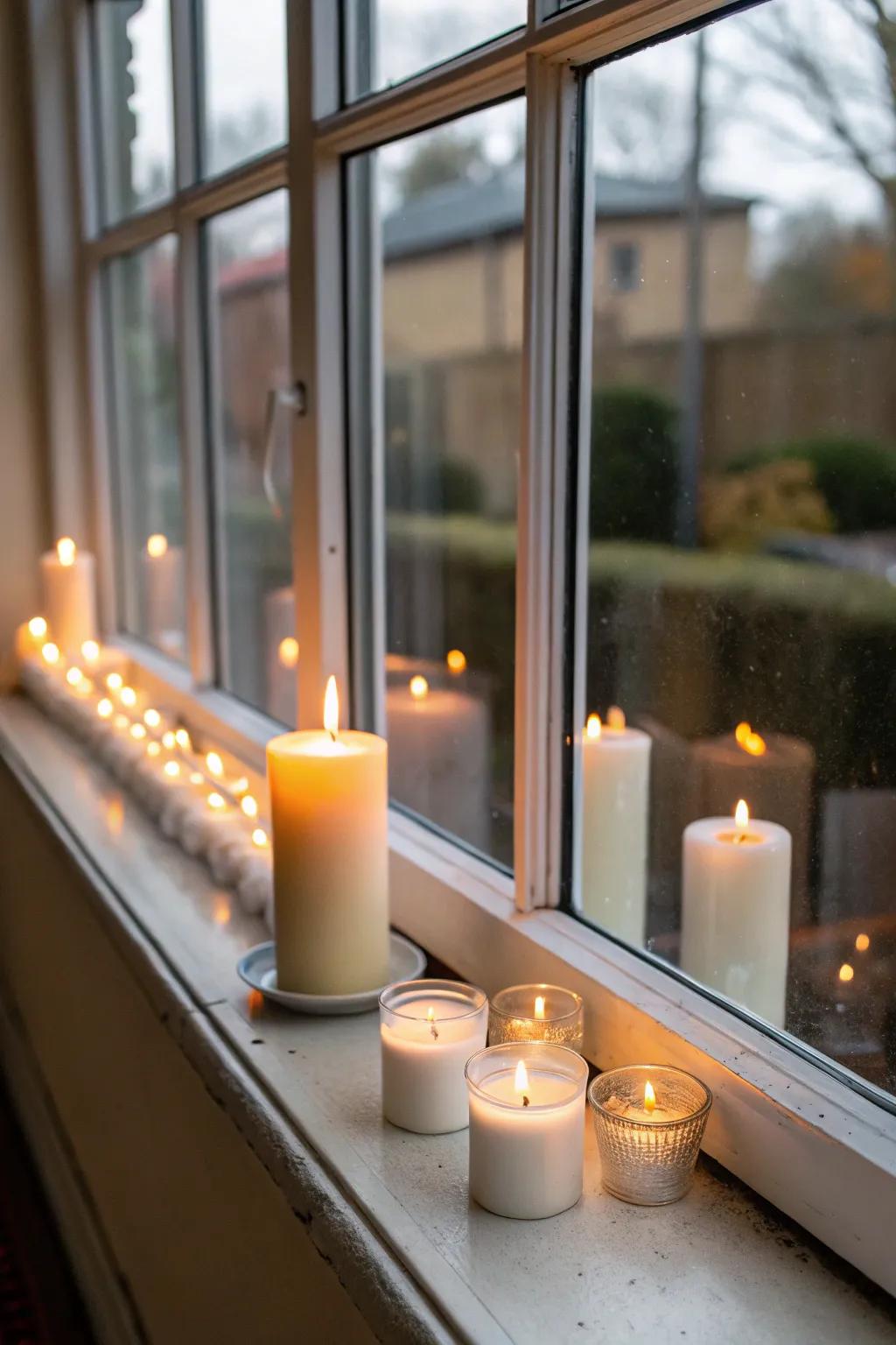 An elegant candle display on a window ledge.