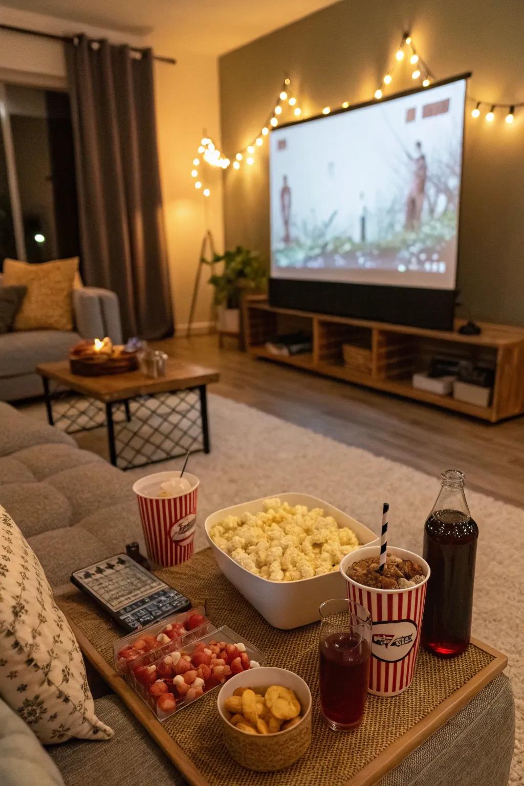 A cozy setup for a movie marathon birthday party.