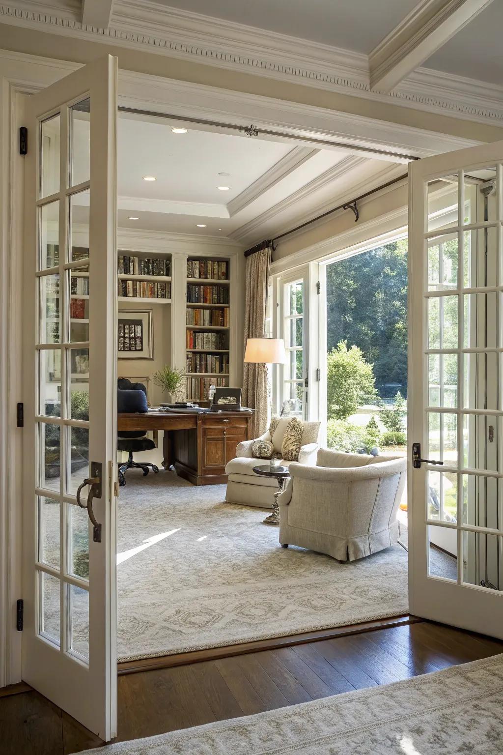 Interior French doors combine elegance with practicality, allowing light to flow between rooms.