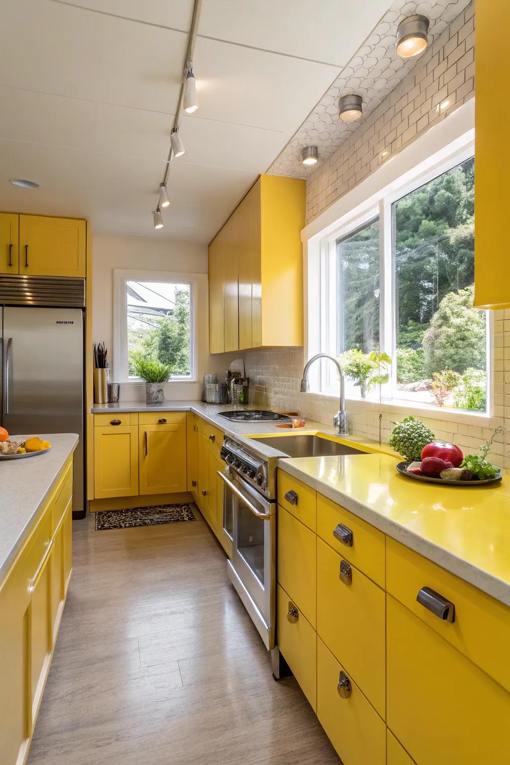 A lively kitchen with a pop of citrusy yellow.