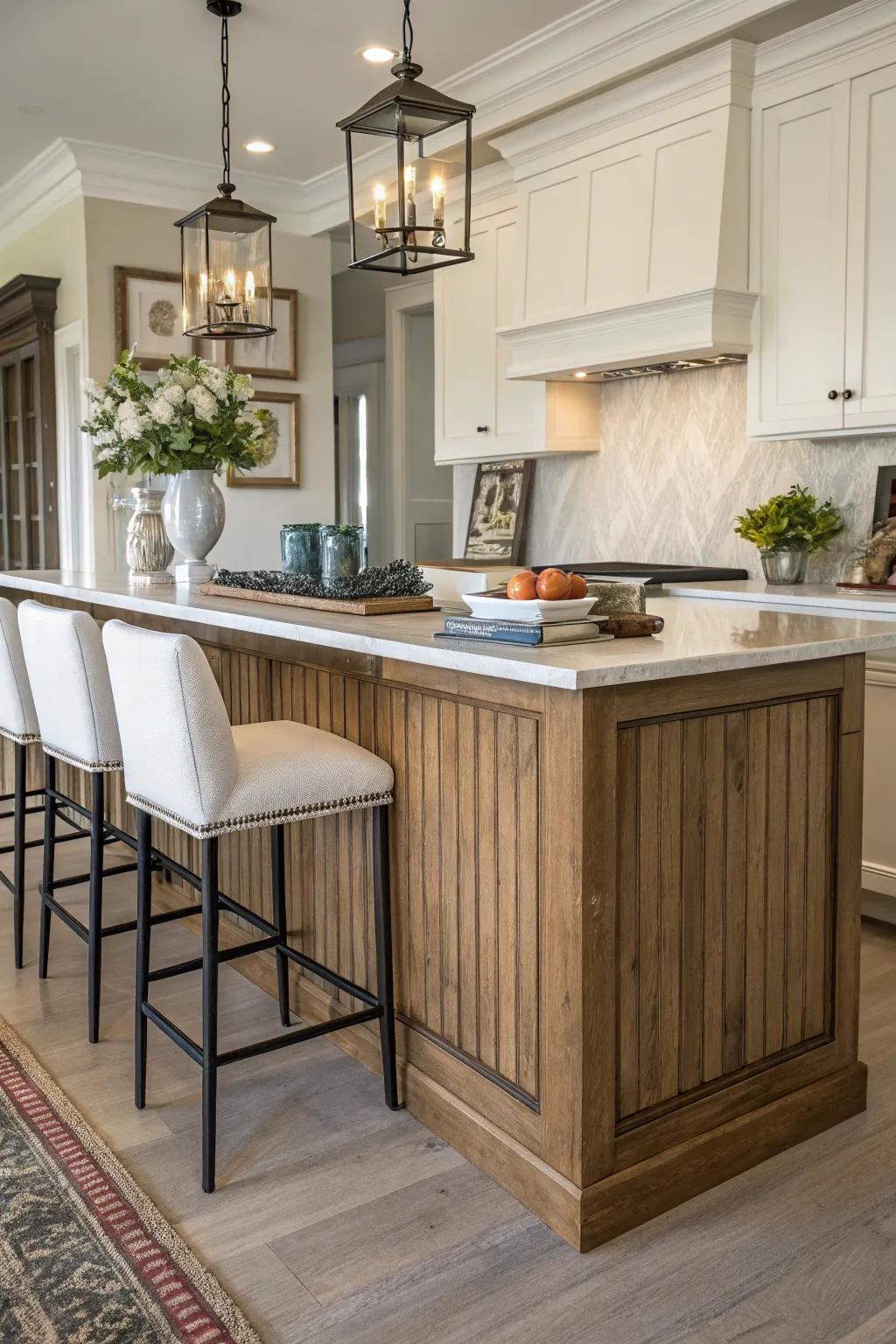 An elegant kitchen peninsula styled with board and batten.