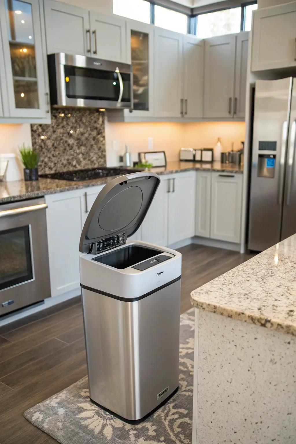 A modern voice-activated trash can responding to a command.