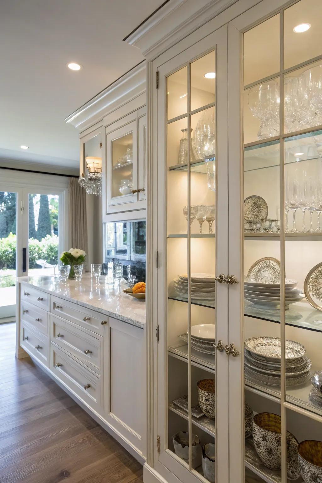 Glass cabinet doors add depth and sophistication to a windowless kitchen.