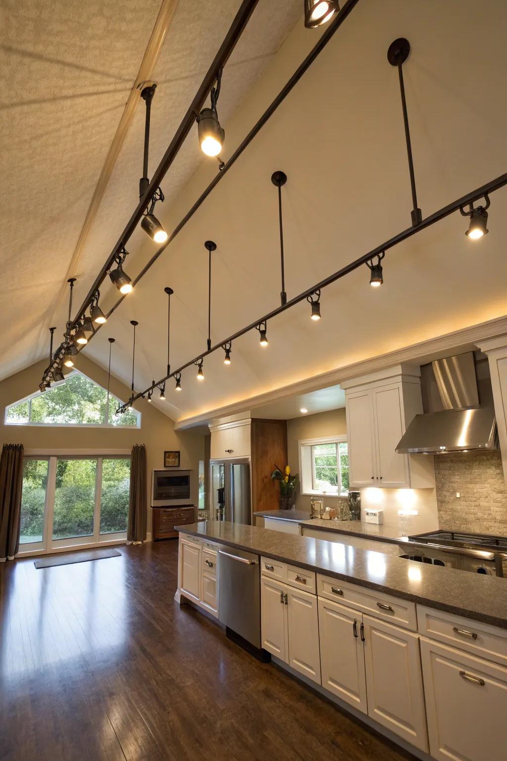 A kitchen where track lighting adds versatility and focus.