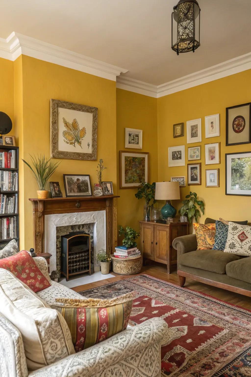 Ochre yellow walls bring a sunny and cheerful vibe to this living room.