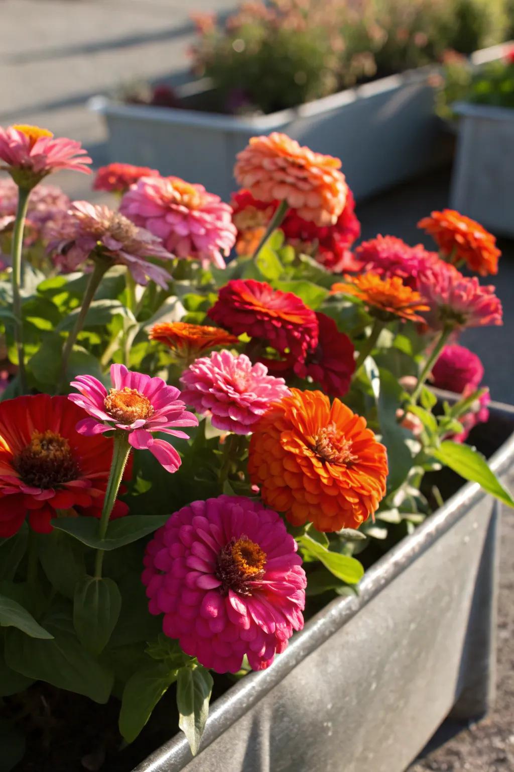 Zinnias brighten up any outdoor space with their cheerful, long-lasting blooms.