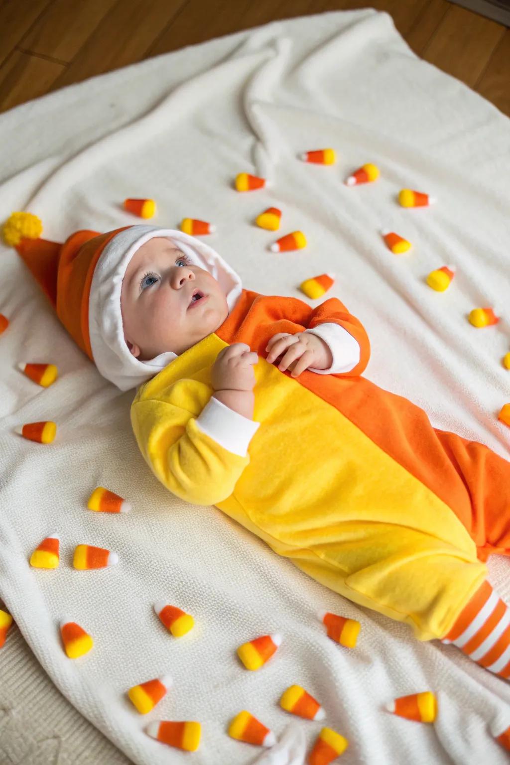 A sweet candy corn-themed photoshoot for a newborn.