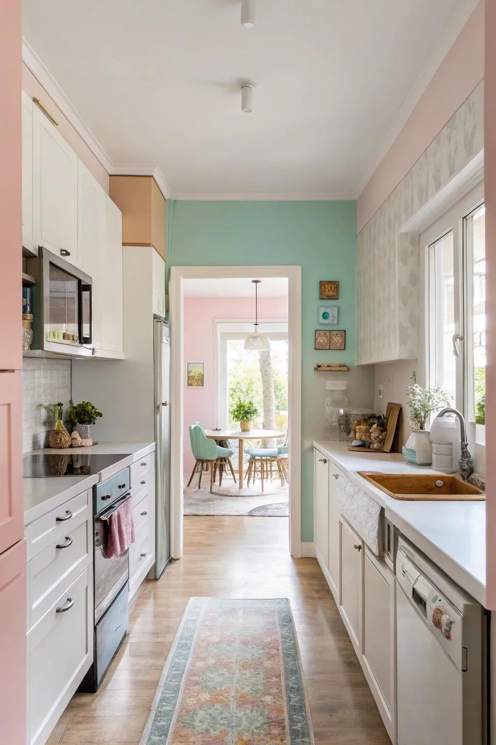 Pastel colors bring a delicate and fresh touch to the kitchen.