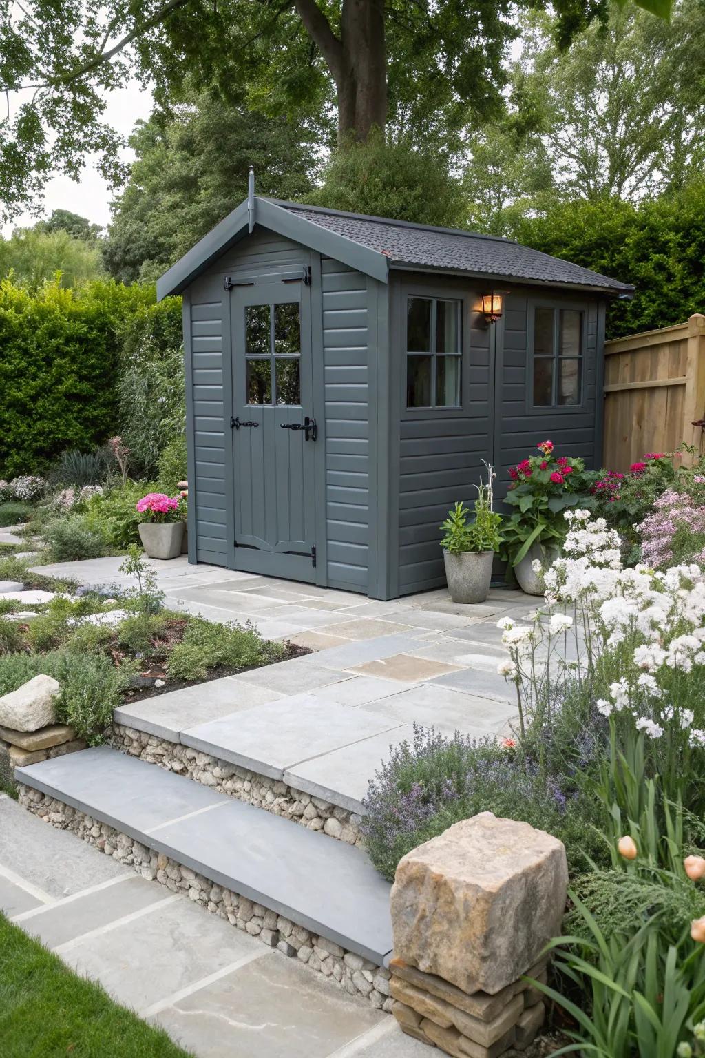 A sophisticated shed in graphite grey, enhancing garden elegance.