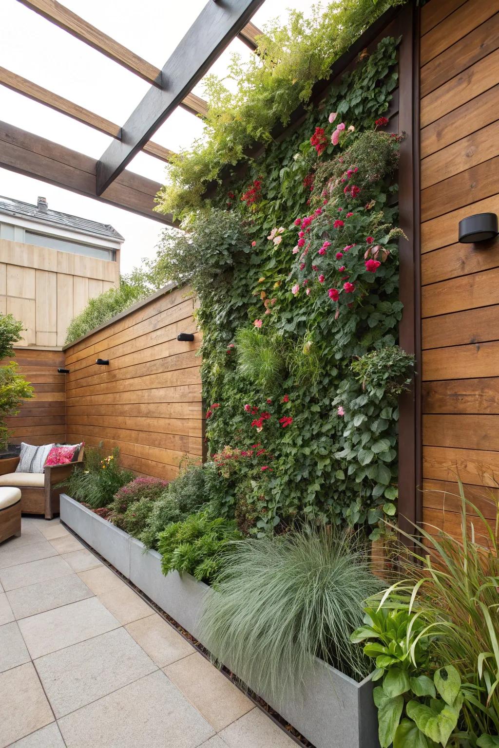 Vertical gardens add greenery and privacy to your patio space.