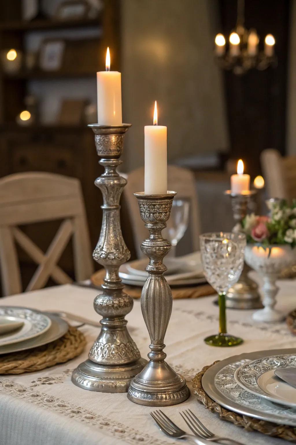 Elegant pewter candle holders create a warm ambiance.