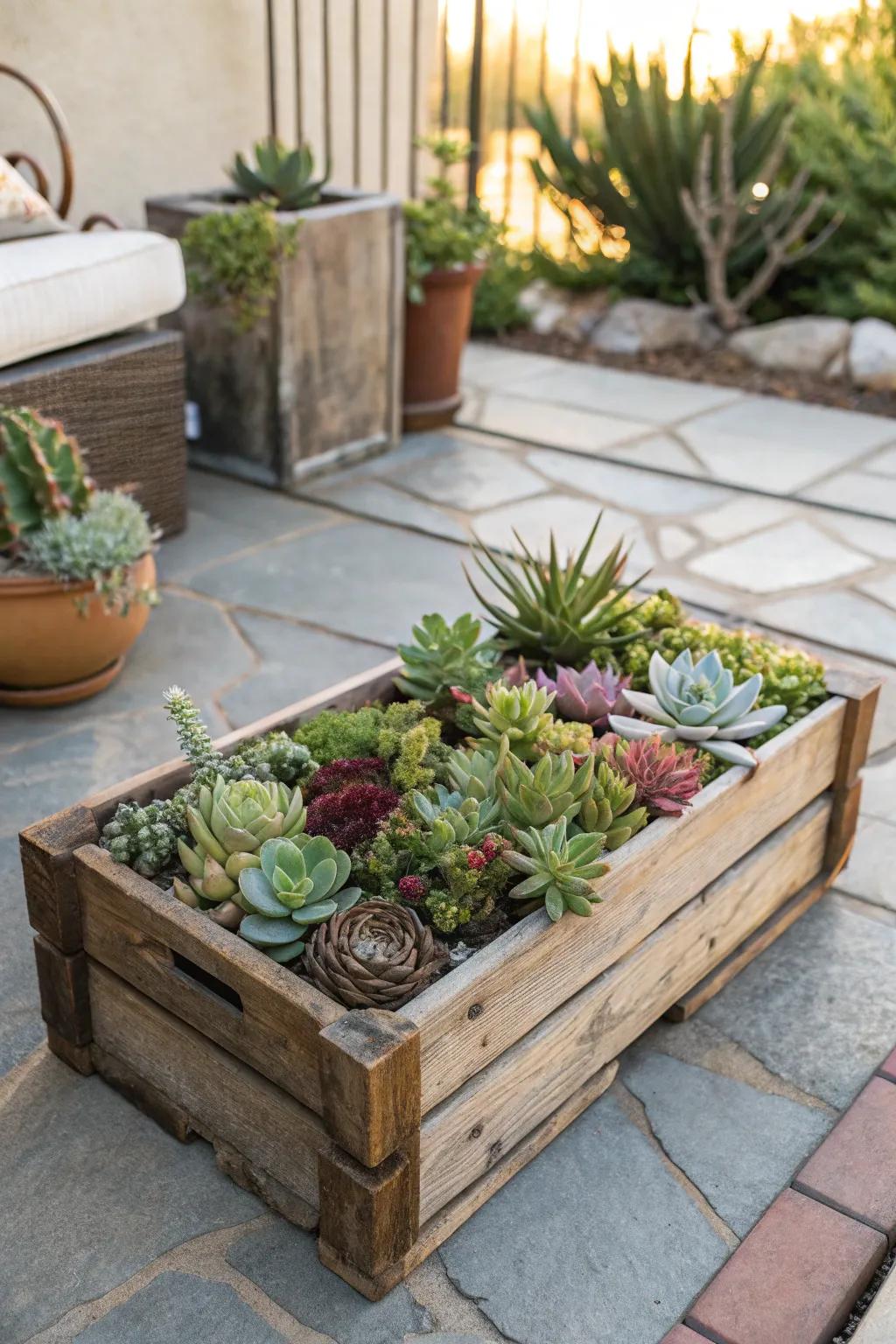 Repurposed wooden crates offer a rustic touch to outdoor spaces.