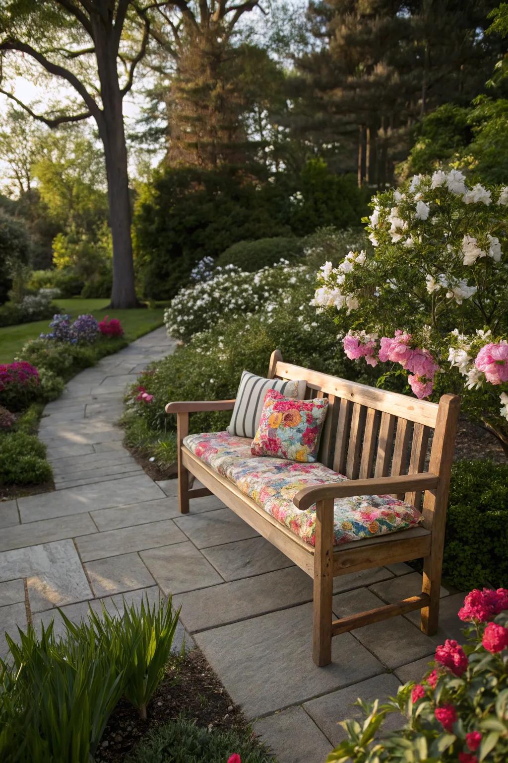 Enhance your garden or entryway with a cozy wooden bench.