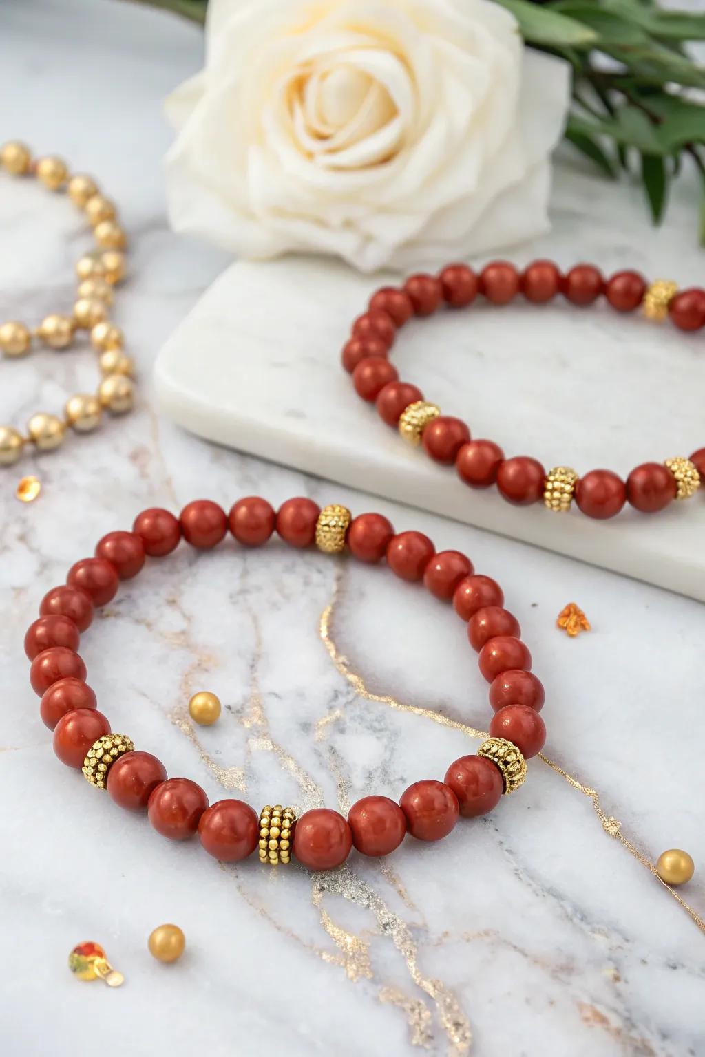 Gold spacers add elegance to red clay bead bracelets.