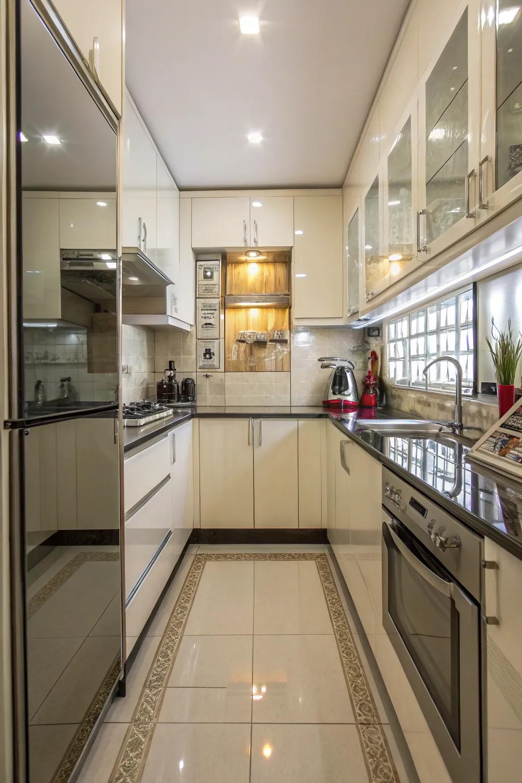 Reflective surfaces in a small kitchen enhance light and create a spacious atmosphere.