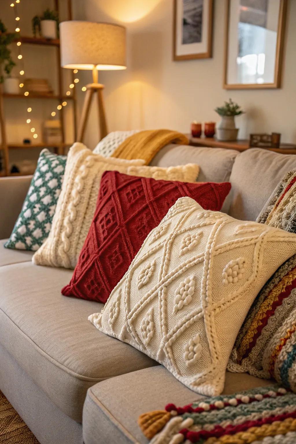 Knitted pillow covers add a personal touch to your living room.