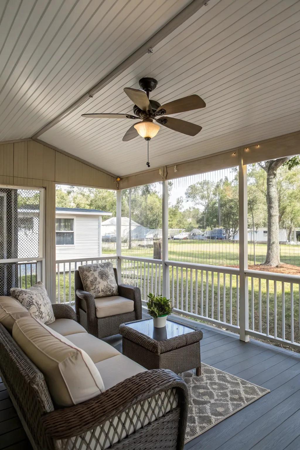 A ceiling fan adds a breeze of comfort to your screened-in porch.