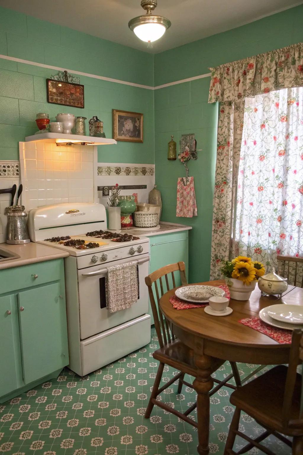 Vintage charm with seafoam green walls, enhanced by retro decor elements.