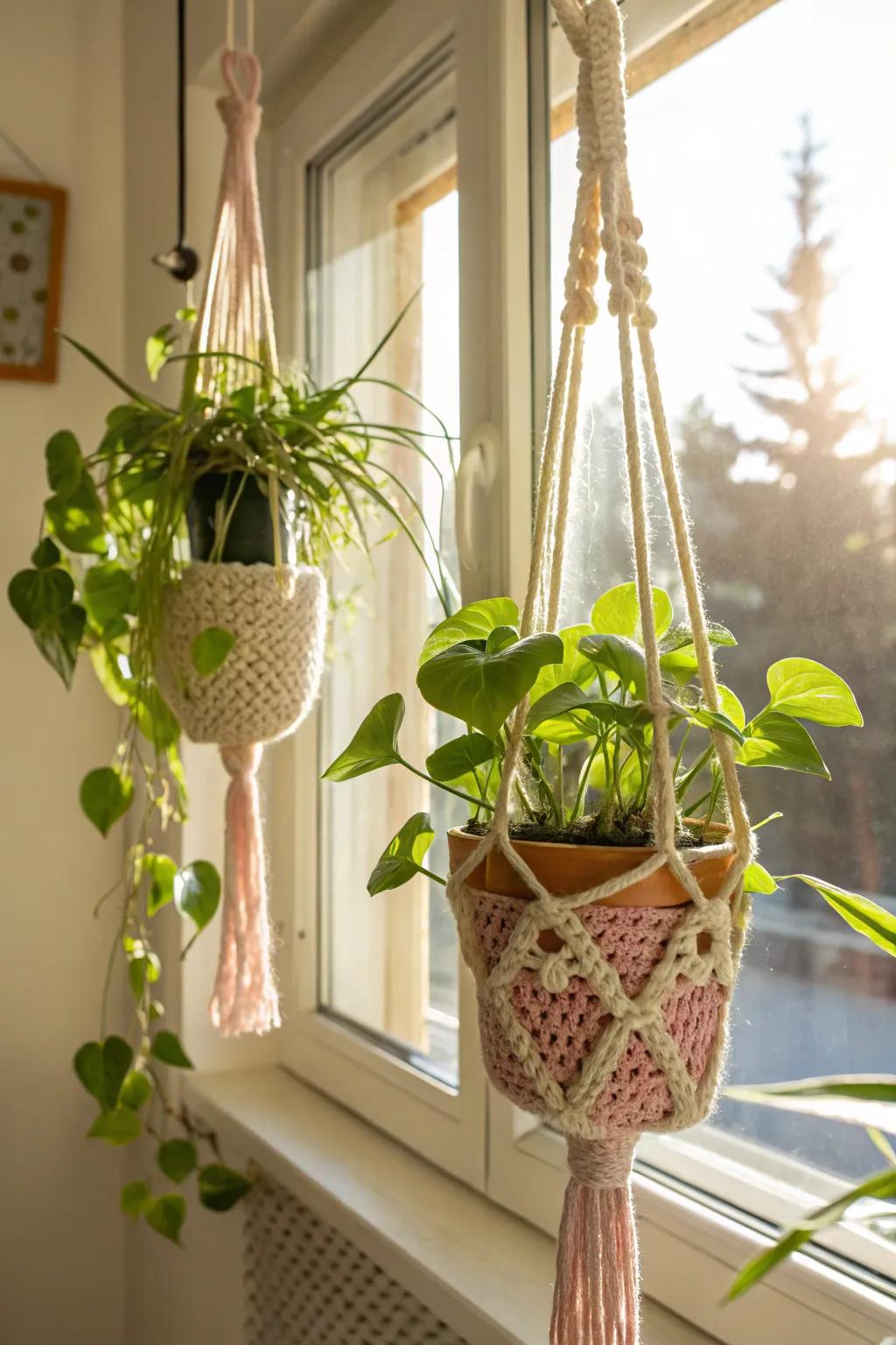 Stylish crocheted plant hangers bringing greenery indoors.