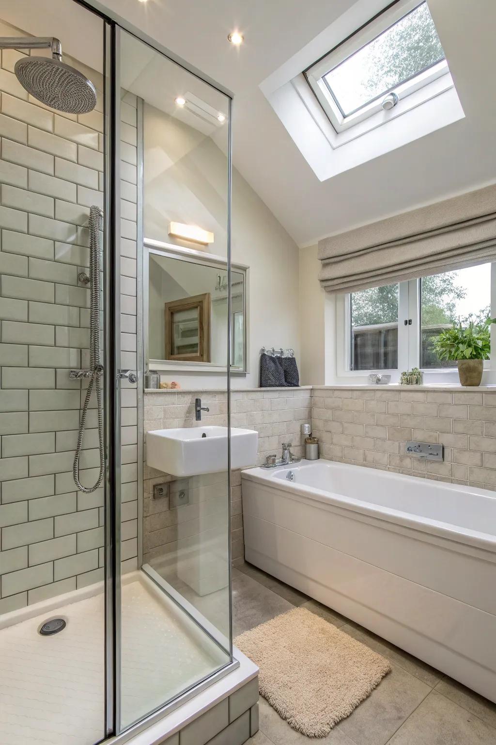 A glass partition enhances the openness of a small bathroom.