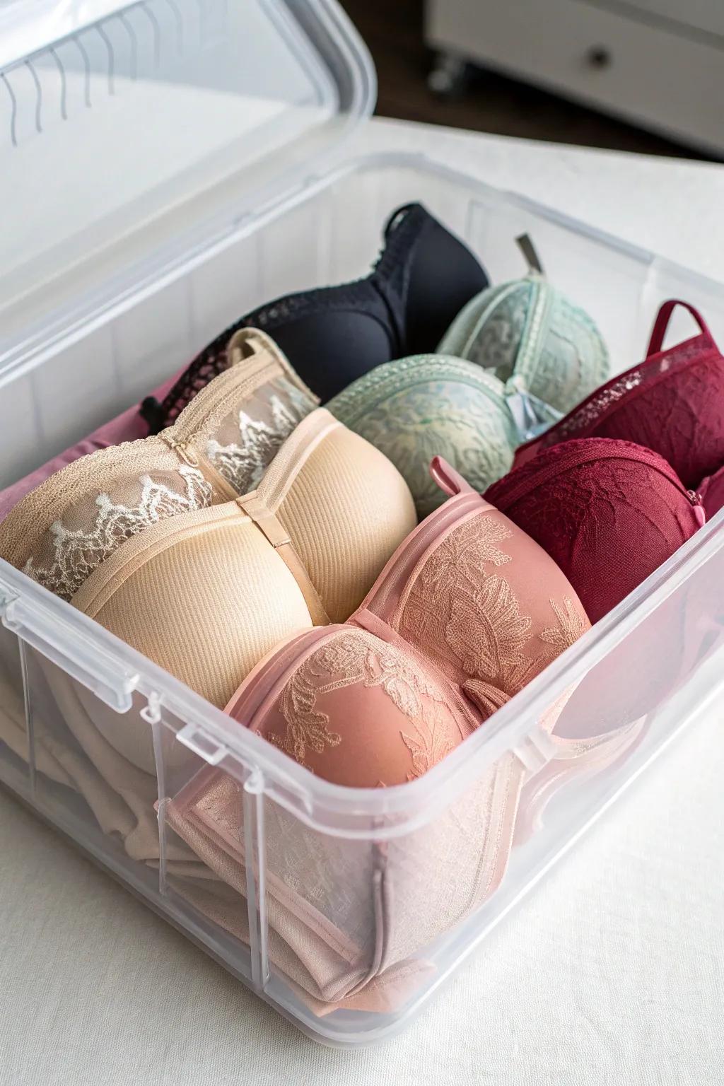 Clear containers offer a versatile storage solution for bras.