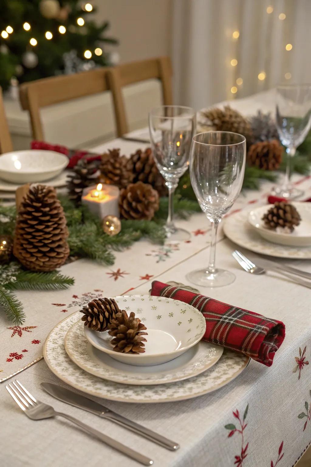 Rustic pinecones add natural charm to this festive table.