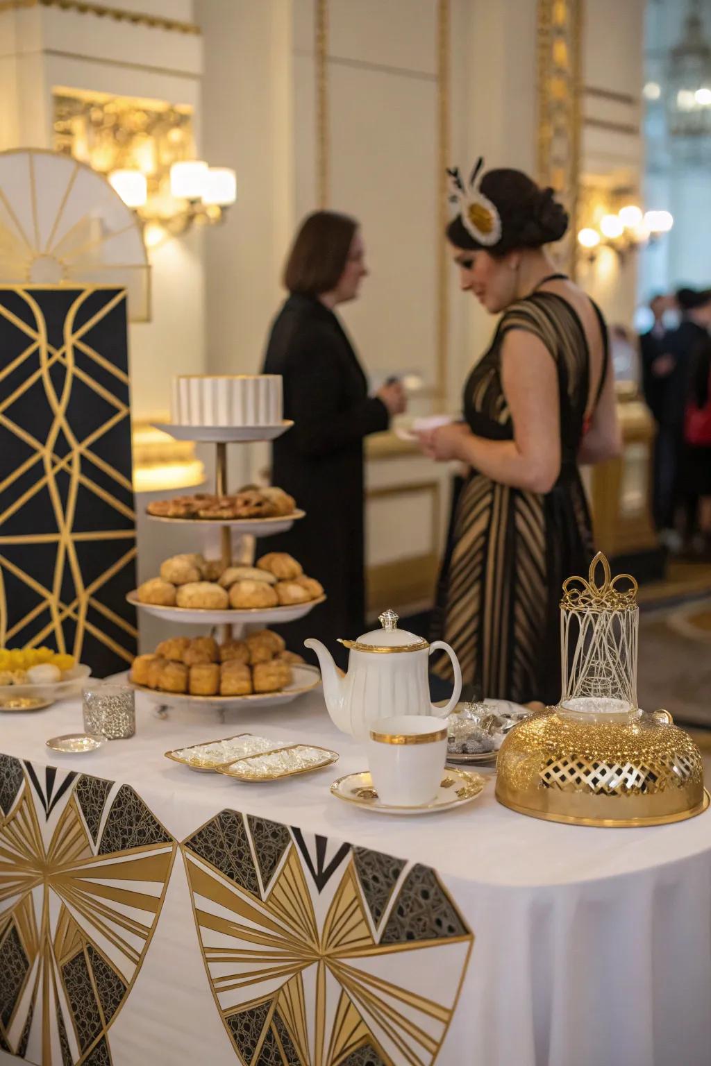 Art Deco-themed tea party with glamorous decor.