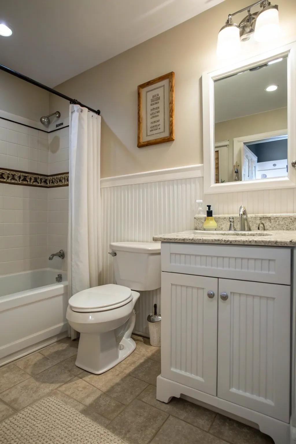 A beadboard panel creates a classic backdrop behind the toilet.