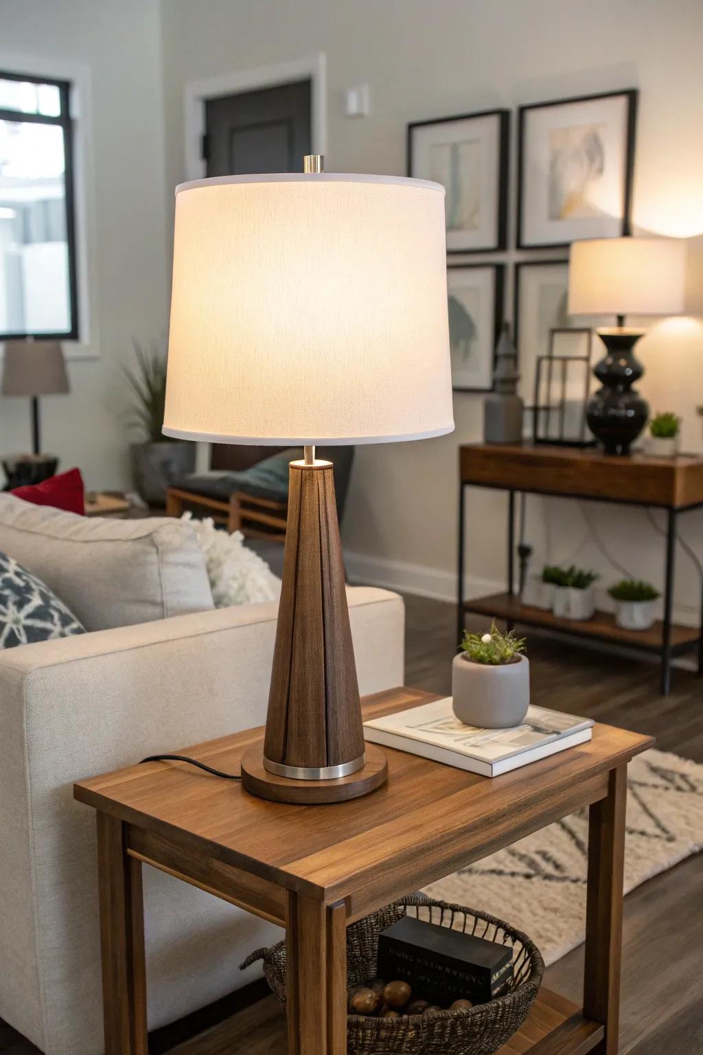 A transitional table lamp adds elegance to a living room.