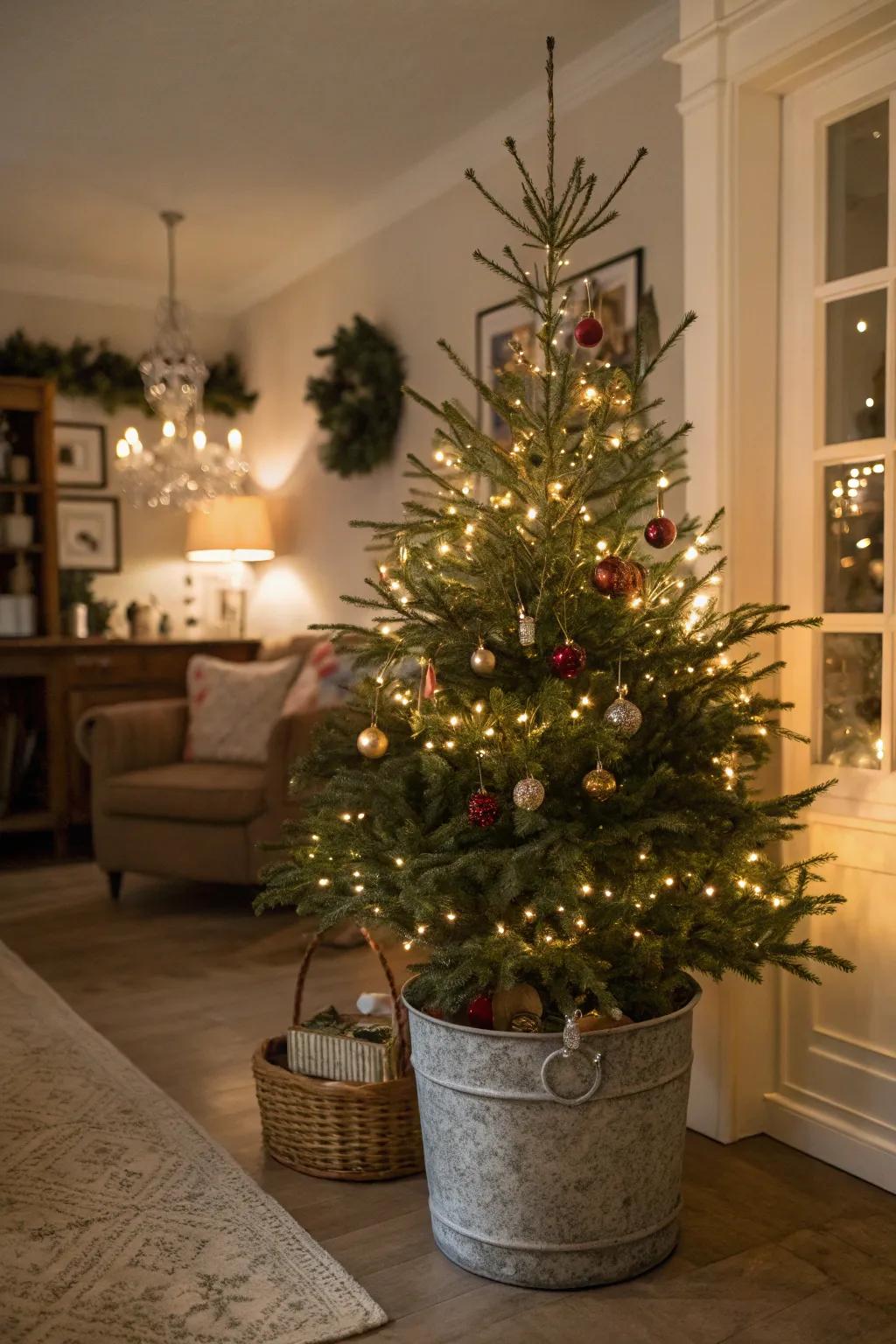 A vintage bucket brings an eclectic and rustic touch to your tree.