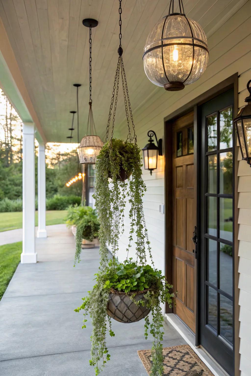 Old light fixtures add a modern twist to hanging gardens.