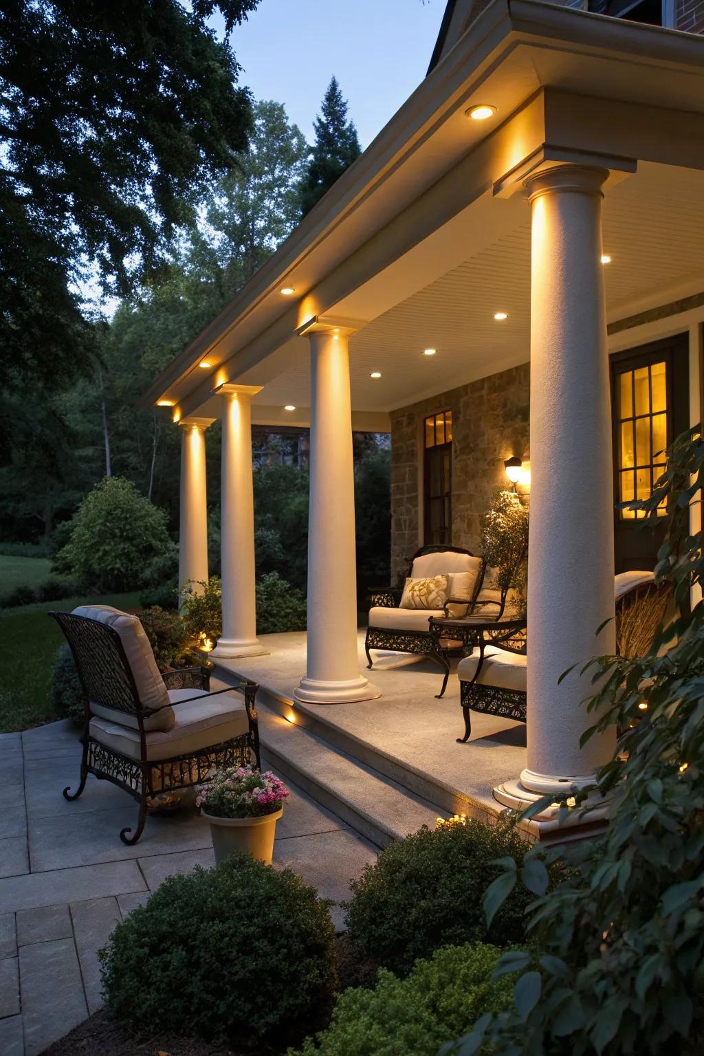 LED lighting on columns creates a warm evening glow