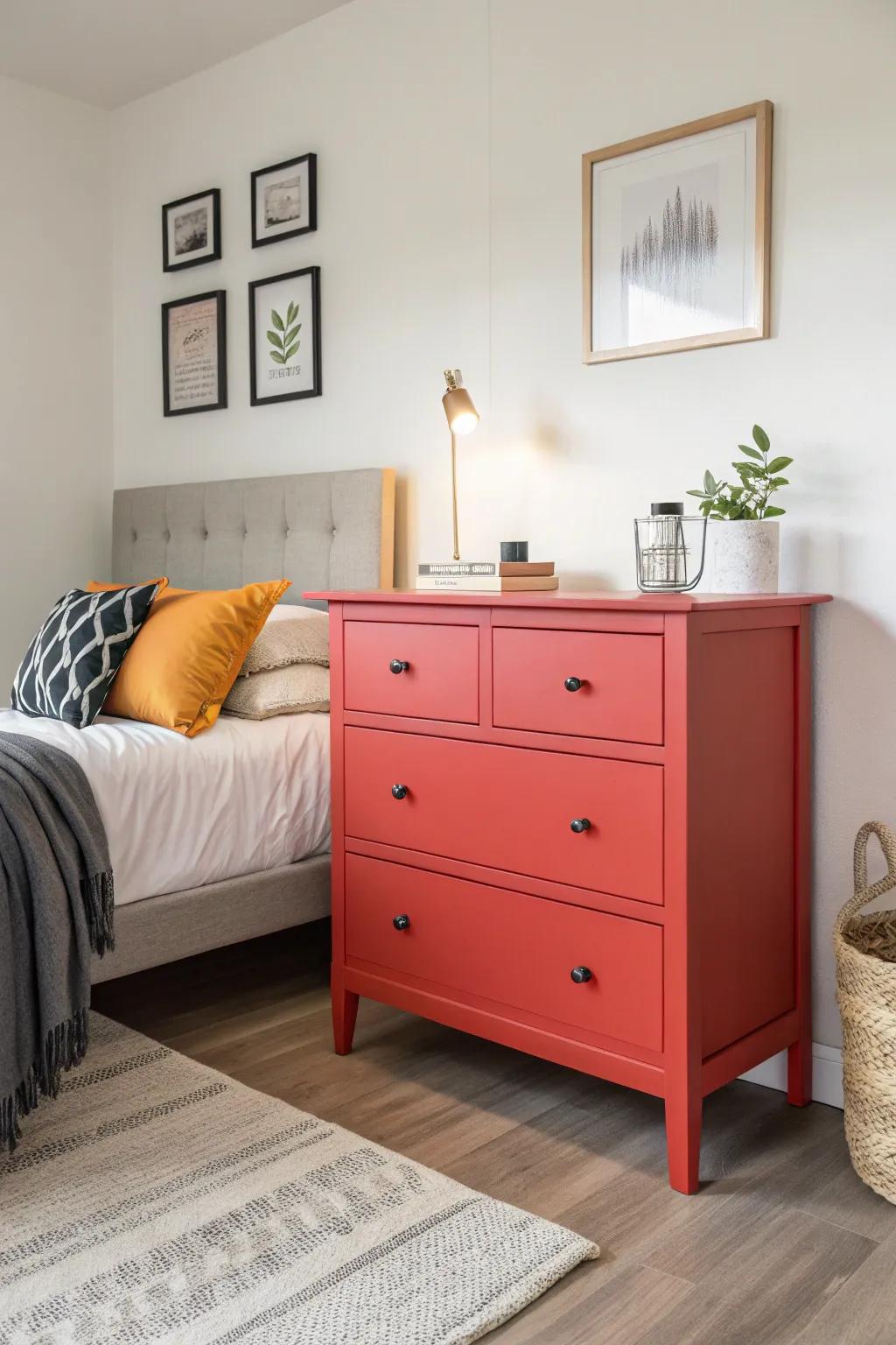 A bold dresser becomes a striking focal point in a minimalist bedroom.