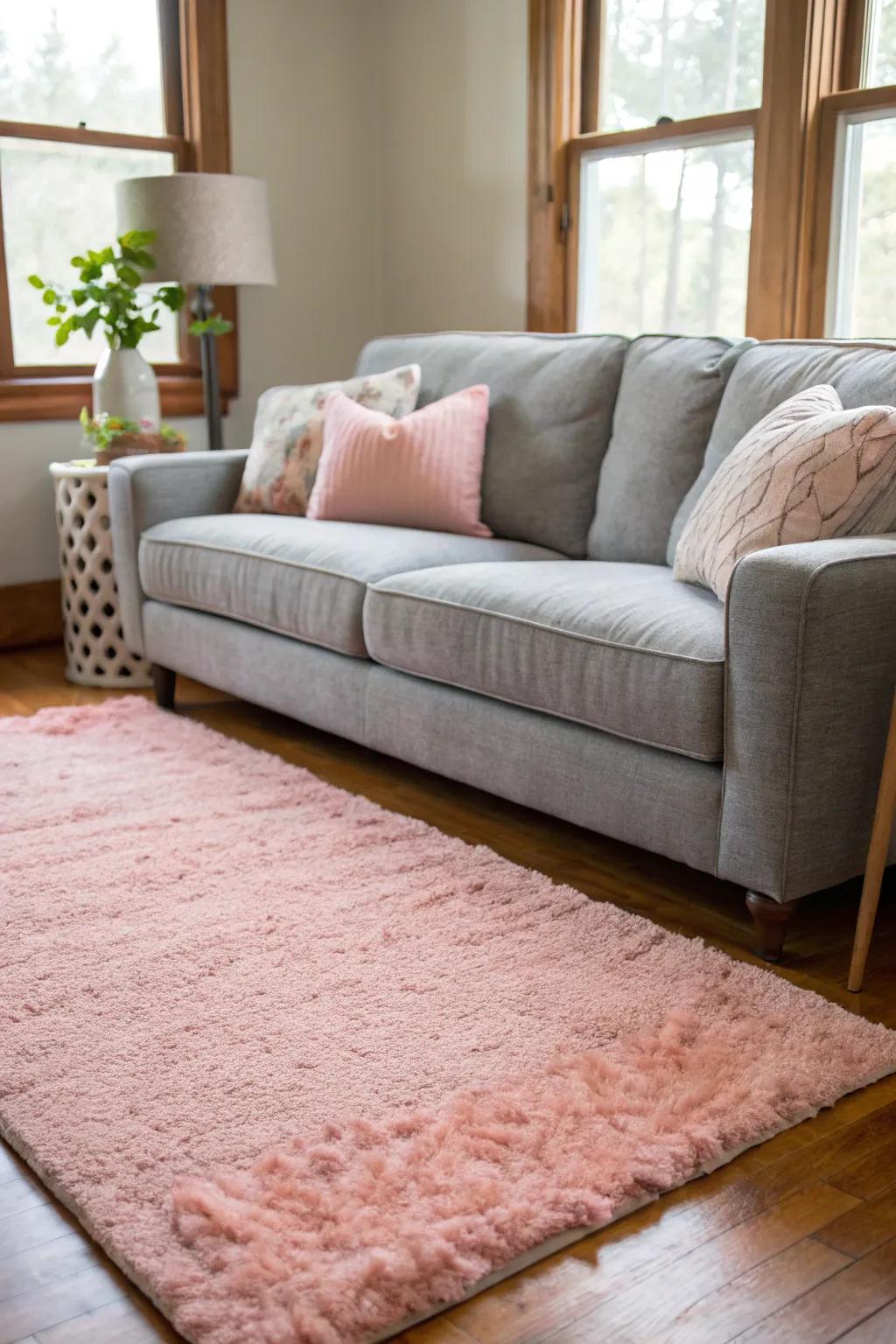 Blush pink rugs add a gentle, boho charm to a room with a grey couch.