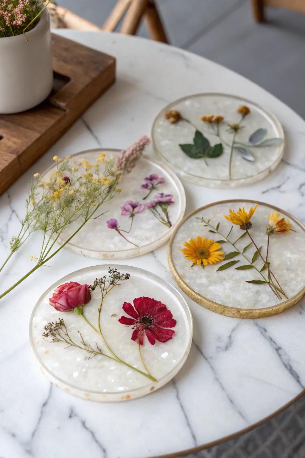 Resin coasters with dried flower inclusions from a wedding bouquet, elegantly displayed on a marble coffee table.