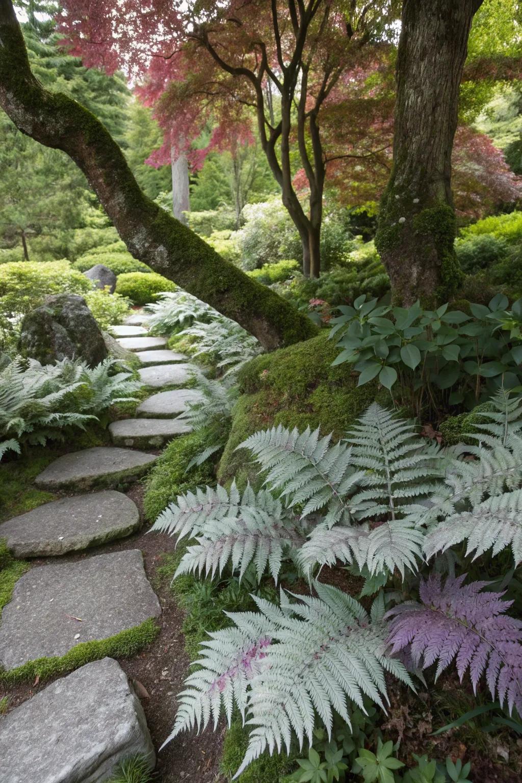 Japanese Painted Ferns offer artistic flair under shade.