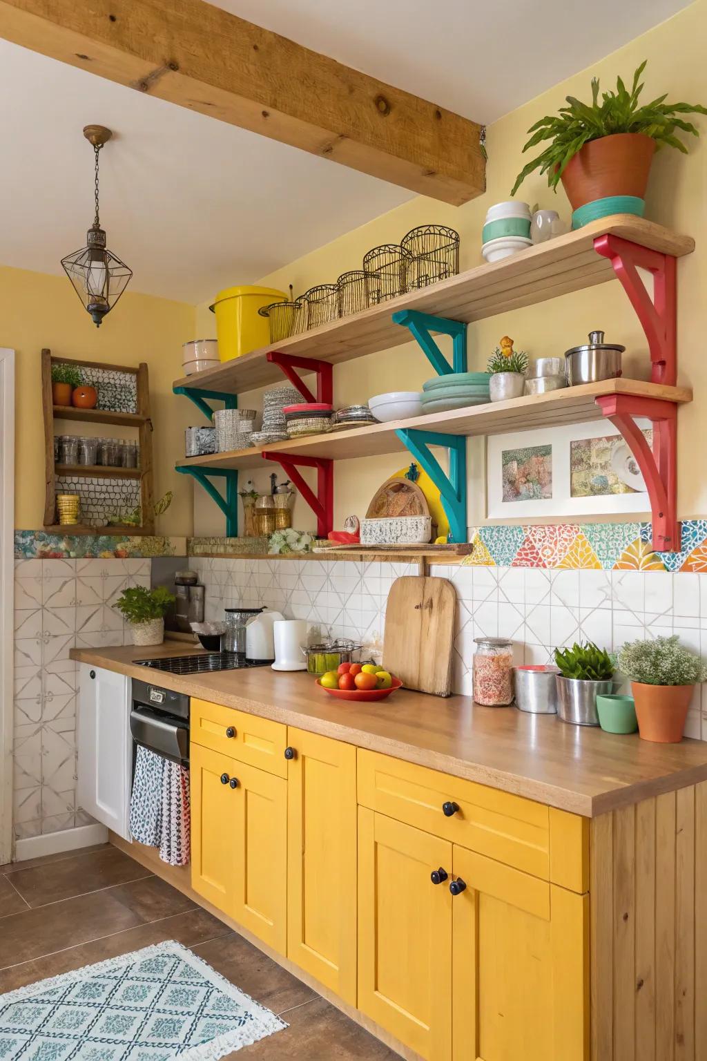 Brightly painted wooden shelf brackets add a pop of color to the kitchen.