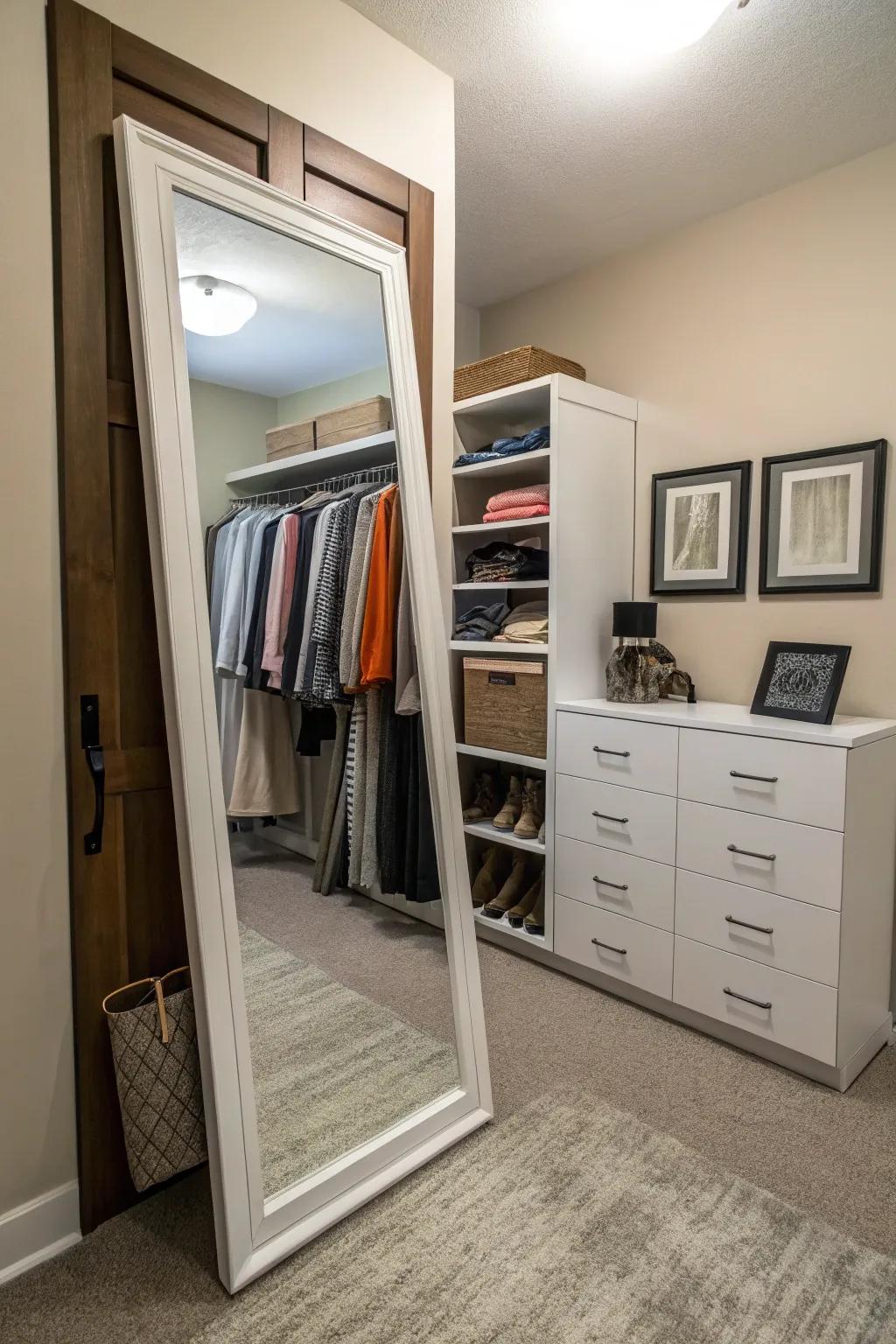 A mirror adds depth and functionality to your closet.