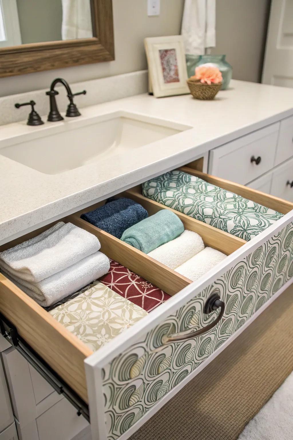 A bathroom drawer lined with decorative shelf liners, holding neatly folded washcloths.