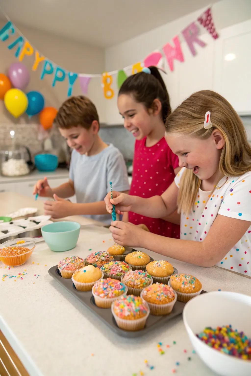 Kids having a blast decorating cupcakes at a birthday baking party.