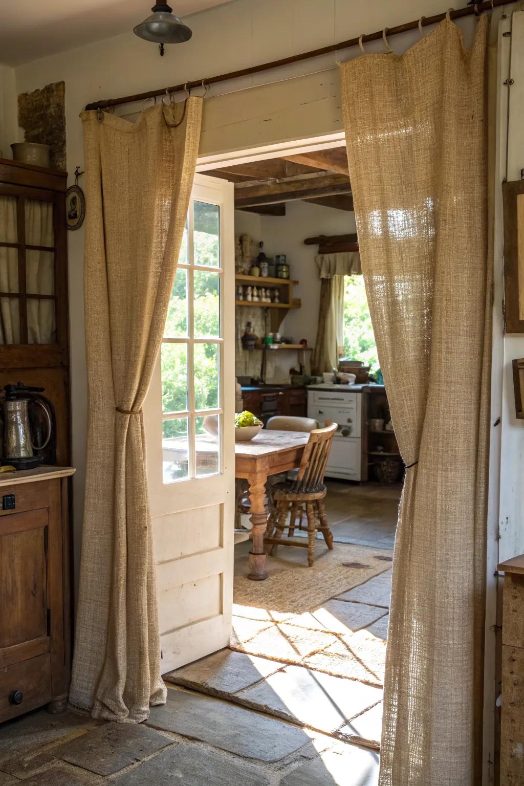 Burlap curtains bring rustic charm to any doorway.