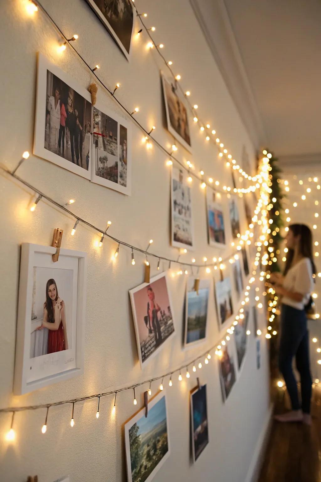 Showcase your memories by combining photos with string lights.