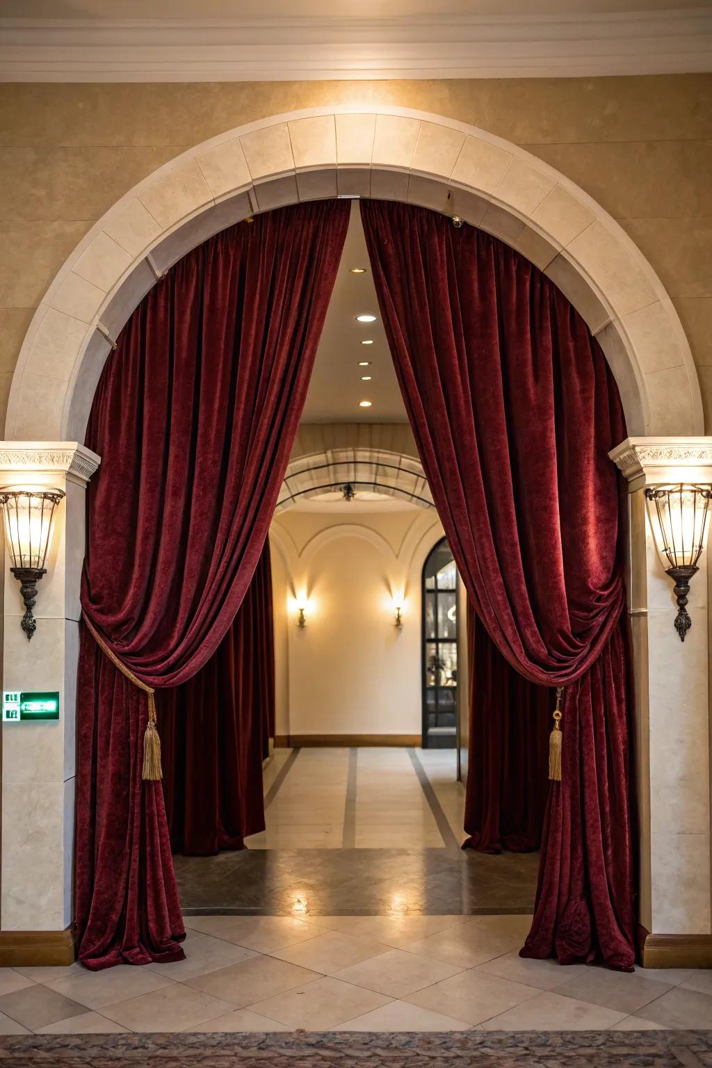 Luxurious velvet drapes frame this archway, enhancing its elegance.