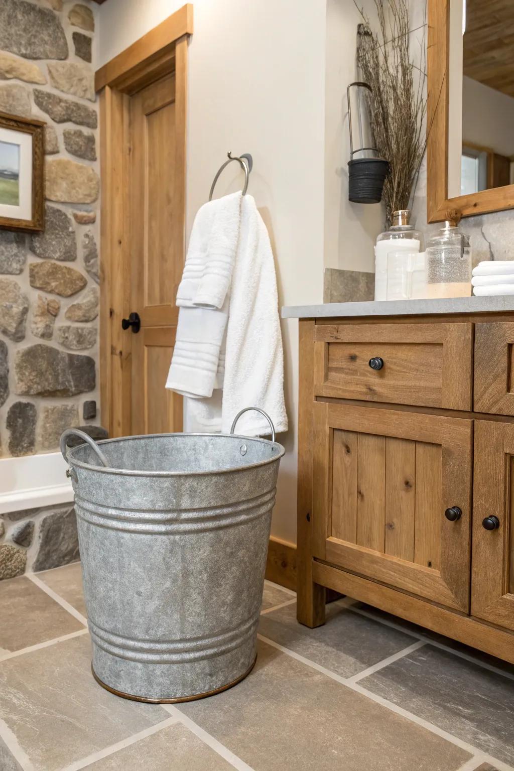 Galvanized buckets offer stylish storage solutions in the bathroom.