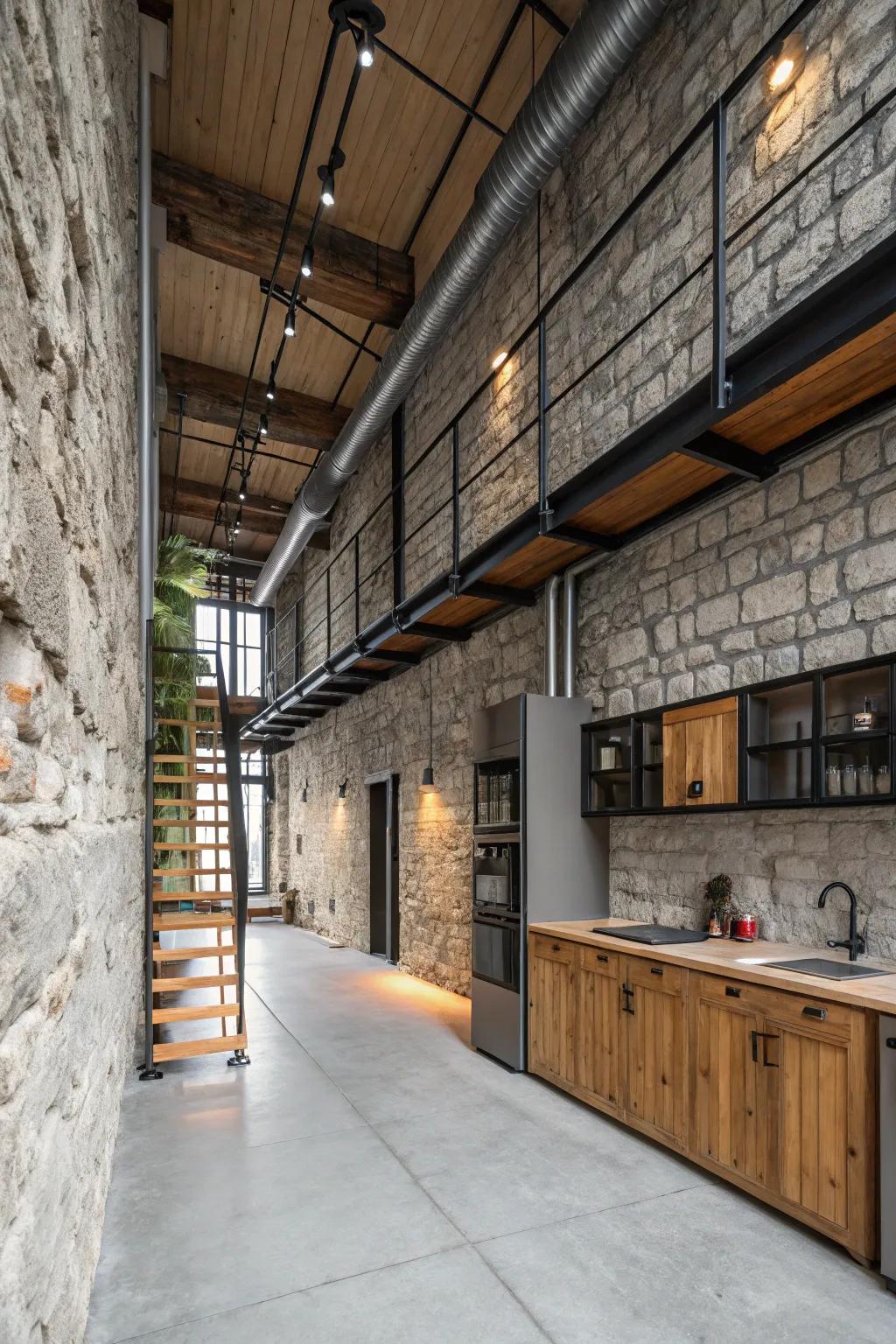 Industrial chic achieved with a concrete stone wall.