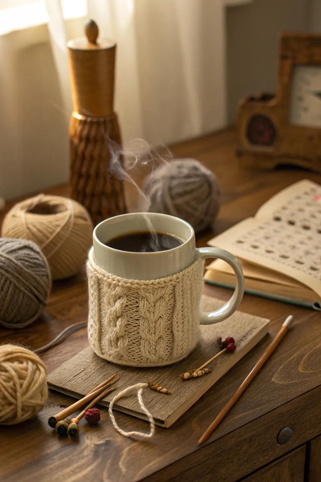 Enjoy a warm drink with a cozy knit mug warmer.